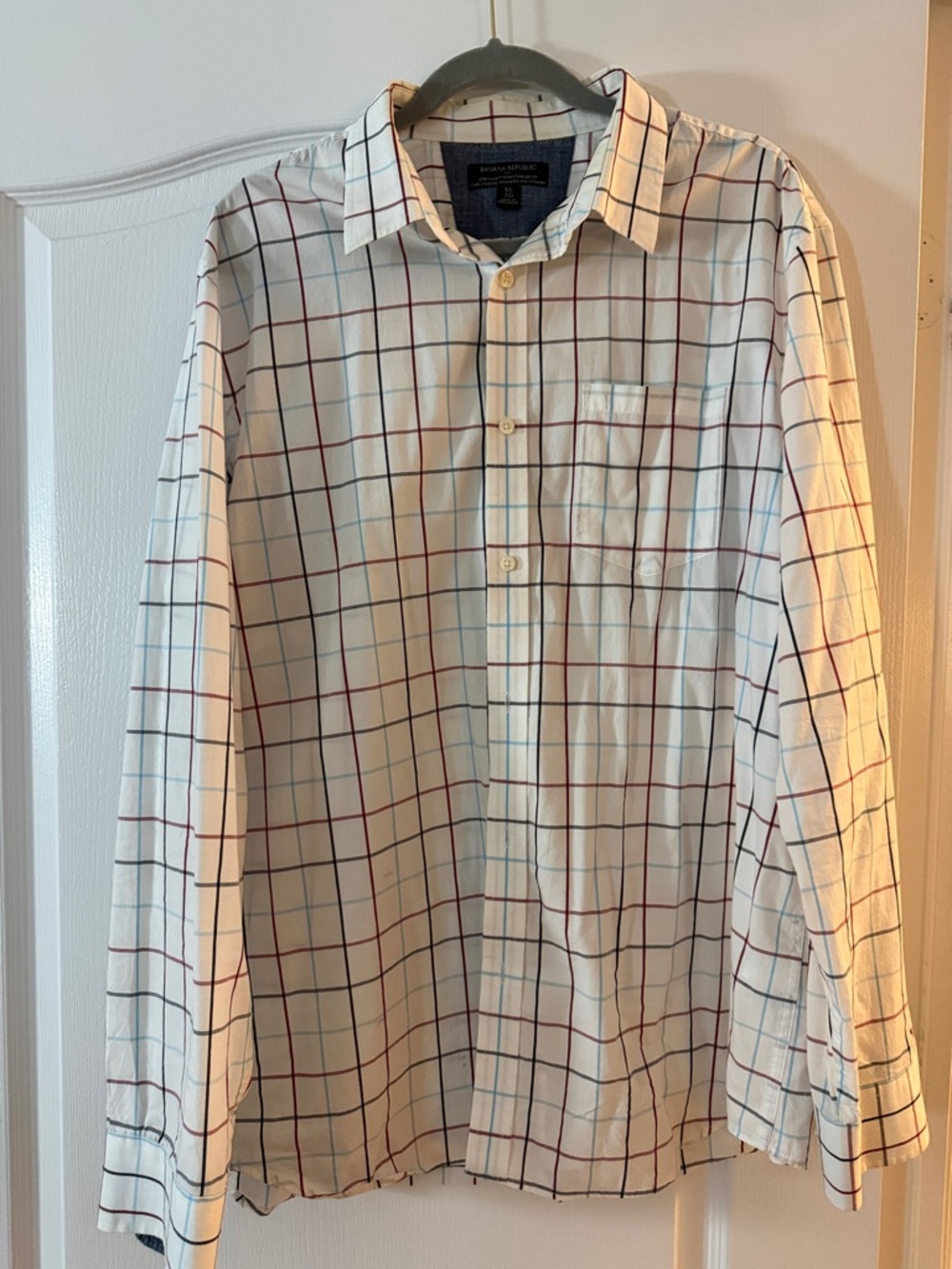 White Button-Down Shirt with Navy and Red Windowpane Plaid